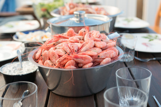Set table with freshly caught shrimps