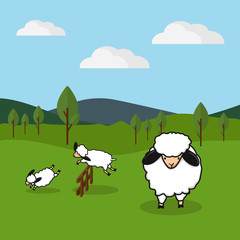 Obraz na płótnie Canvas Sheep jumping over a fence in a grassy field background.