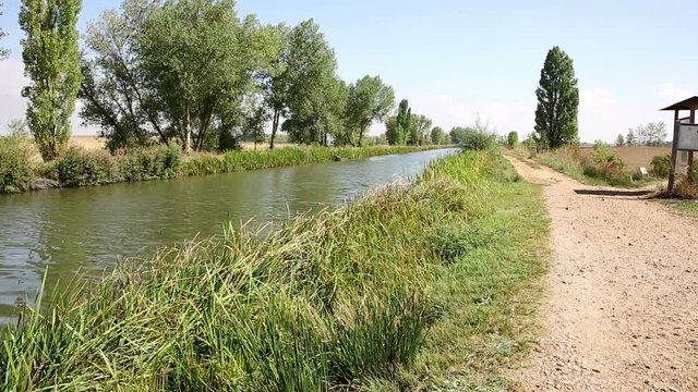 dirt road along the Canal de Castilla, north Canal next to Fromista, province of Palencia, Spain