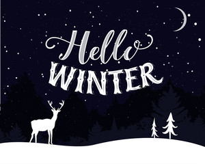 Hello winter vintage postcard design. Night landscape with falling snow, trees and and deer silhouette.