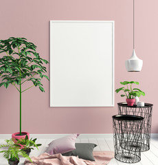 Modern interior of Scandinavian style. 3D illustration. poster mock up