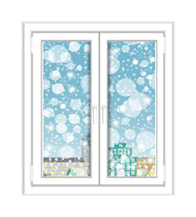 Window plastic with a winter view and urban landscape over white background. Vector
