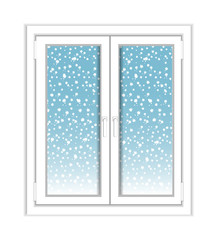 Window plastic with views falling snow over white background. Vector