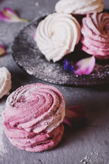 sweets and desserts, soft, airy and sweet pink currant or berry marshmallows with powdered sugar on a gray background