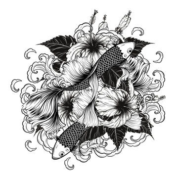 Koi fish and Hibiscus tattoo by hand drawing.Tattoo art highly detailed in line art style.