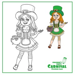 Cute girl  in leprechaun costume with a pot of gold color and outlined for coloring page