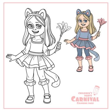 Cute girl in cat costume color and outlined for coloring page