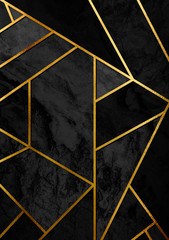 Nowoczesny i stylowy plakat abstrakcyjny ze złotymi liniami i czarnym wzorem geometrycznym.