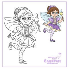 Cute girl in fairy costume color and outlined for coloring page