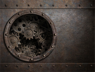 Fototapeta na wymiar rusty metal background with porthole and gears inside 3d illustration