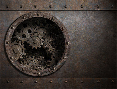 rusty metal background with porthole and gears inside 3d illustration