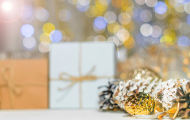 Christmas and New Year gifts and decorations on a blurred background with free copyspace