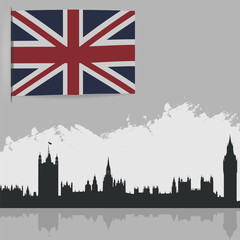 Flag of Great Britain and the outlines of buildings.