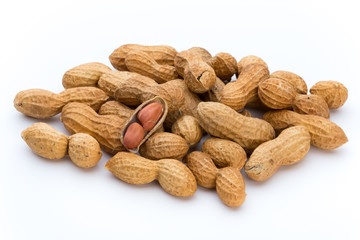 Dried peanuts on the white background.