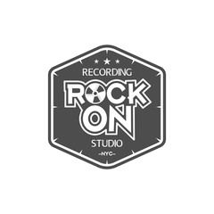 Rock on. Recording studio vector label, badge, emblem logo with musical instrument. Stock vector illustration isolated on white background