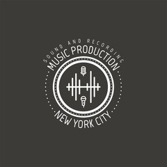 Music production. New york city vector label, badge, emblem logo with musical instrument. Stock vector illustration isolated on dark background