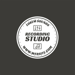 Recording studio vector label, badge, emblem logo with musical instrument. Stock vector illustration isolated on dark background. Monochrome design