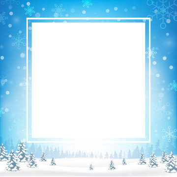 Blank rectangle frame with copy space and winter snow flake falling into snow floor  and lighting over blue abstract background for winter celebration and christmas vector illustration 002