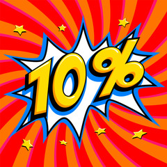 Red sale web banner. Sale ten percent 10 off on a Comics pop-art style bang shape on red twisted background. Big sale background. Pop art comic sale discount promotion banner. Seasonal discounts