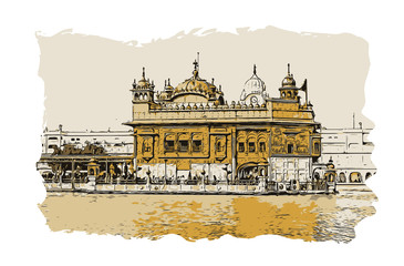 Vector sketch with color of Golden Temple Amritsar Punjab, India.