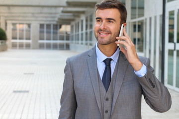 Happy businessman talking on the phone isolated 