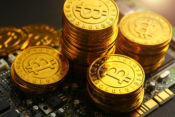 golden bitcoins on circuit board