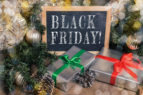 Advertisement, Banner: Black Friday, Promotions, Discounts. Christmas, New Year, Gifts! Colse Up