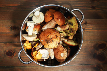 forest mushrooms in a basket on a wooden background