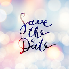 save the date lettering, vector handwritten text on blurred lights - 173464538