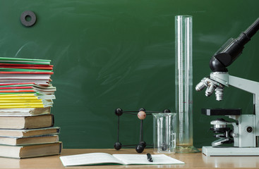 Teacher, student, biologist or chemist desk table. Education background. Education concept....