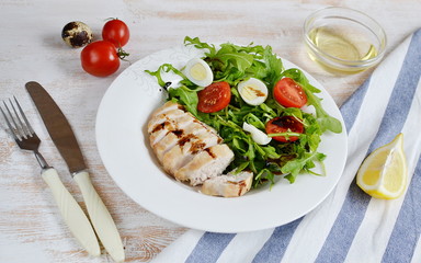 Chicken Salad Arugula Oil Quail Eggs Tomato Lemon Vegetables Wooden Table Preparation Lifestyle Healthy Concept