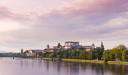 Fototapeta na wymiar Ptuj, Slovenia, panoramic shot of oldest city in Slovenia with a castle overlooking the old town