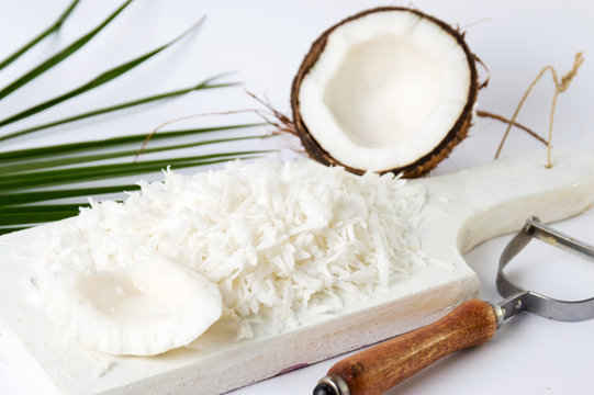 Grated coconut on a wooden board