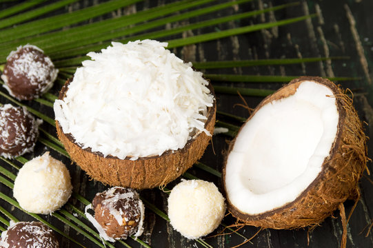 Coconut dessert in a natural shell as bowl