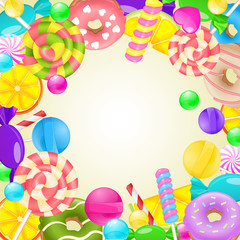 Sweet round frame. Different candies and sweets colorful backgro