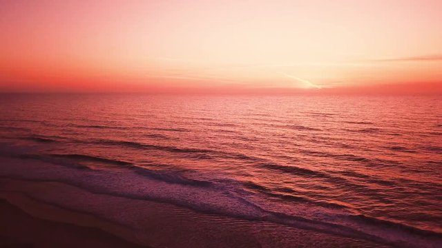 Aerial view of beach and sand dunes at sunset in Murtosa, Aveiro - Portugal. Aerial view.