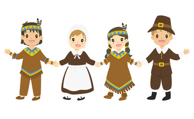 happy Native American and Pilgrim boys and girl holding hands, Thanksgiving cartoon vector