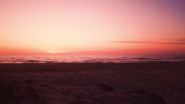 Aerial view of beach and sand dunes at sunset in Murtosa, Aveiro - Portugal. Aerial view.