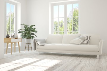 Idea of white room with sofa and summer landscape in window. Scandinavian interior design. 3D illustration