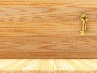 Bunch of keys hanging on an empty wall in a wooden room. 3D illustration