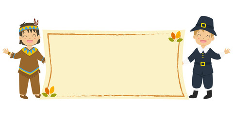 happy Native American boy and Pilgrim boy holding an empty banner and waving their hand. Thanksgiving background design cartoon vector