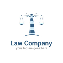 Vector logo template for law company. Creative idea for lawyer logotype. Sign of blue lighthouse with scales. EPS10.