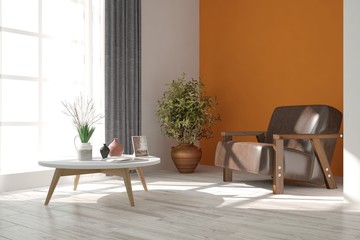 Idea of orange minimalist room with armchair. Scandinavian interior design. 3D illustration