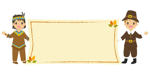 happy Native American boy and Pilgrim boy holding an empty banner and waving their hand. Thanksgiving background design cartoon vector