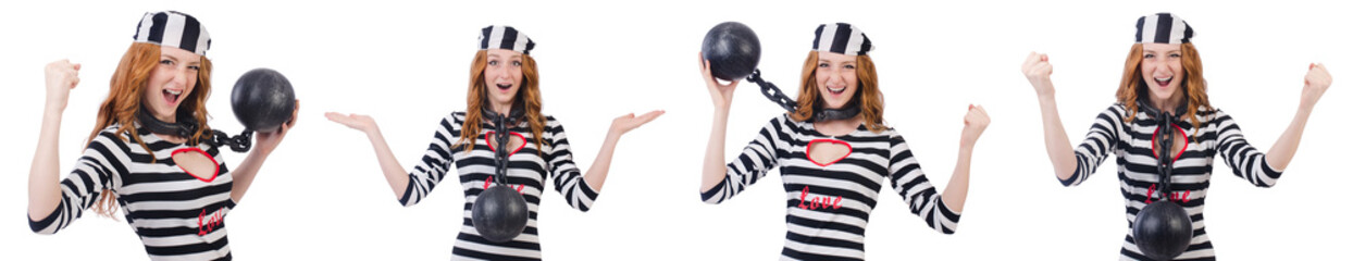 Young smiling woman-prisoner isolated on white