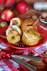 Apples baked in the oven with cottage cheese and walnuts
