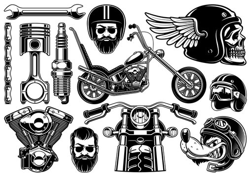 Motorcycle clipart with 12 elements on white background