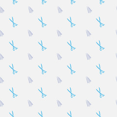 Vector logo template for sewing studio or tailor. Blue scissors and grey spools of thread.. Can be used for print on clothes, package, banner, wrapping paper. EPS10.