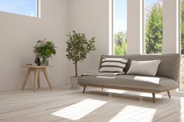 Idea of white room with sofa and summer landscape in window. Scandinavian interior design. 3D illustration