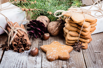 christmas cookies and gift boxes, traditional christmas background
